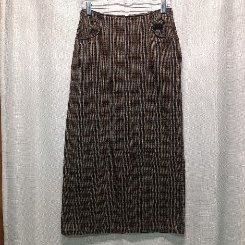 Tracy Evans Brown Plaid Maxi Pencil Skirt Womens 9 Pockets Vtg 90s‎ Wool Blend